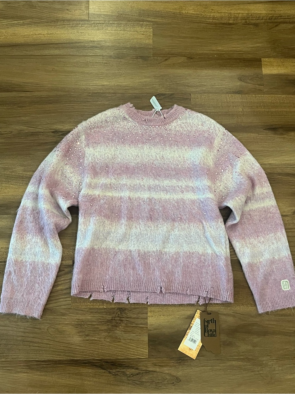 Striped Pink & Cream Crewneck Sweater with Distressed Hem